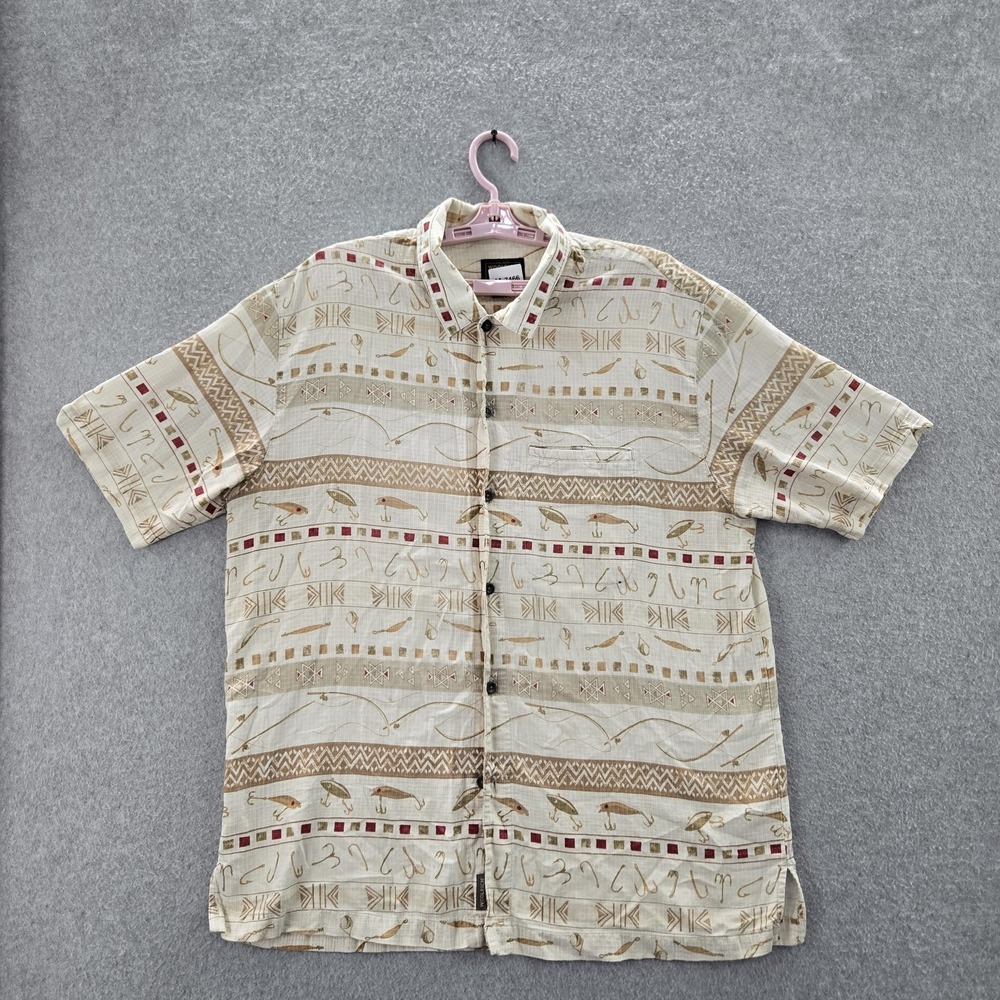 Woolrich Men Button Up Shirt L Beige Geometric Fishing Lures Short Sleeve